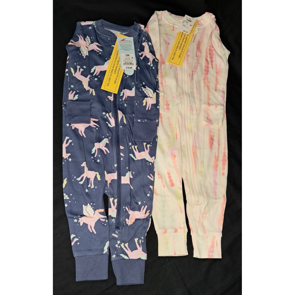 Cat & Jack one-piece,‎ 12 month, 2/pkg., blue w/pink unicorns, white w/tie dye